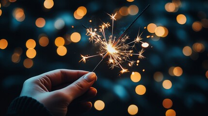 A close-up of a hand holding a sparkler against a dark background with soft bokeh Christmas lights in the distance. The sparkler lights up the hand and creates a magical, festive ambiance. 