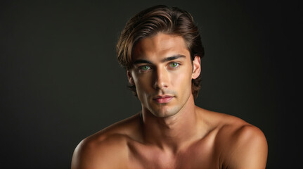 Obraz premium Young man with alluring gaze poses confidently against a dark background while showcasing natural beauty and charisma