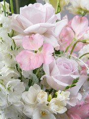 Soft Pink and White Floral Arrangement with Roses and Larkspur