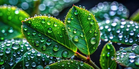 Big water drop Water on green leaf. Beautiful leaf with drops of water. Environment Concept. Photo of rain drops falling from a leaf. Long wide banner. Copy space for your design