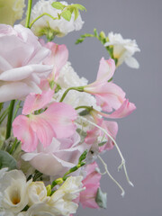 Soft Pink and White Floral Arrangement with Roses and Larkspur