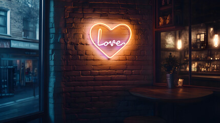 soft, glowing neon sign in shape of heart illuminates cozy cafe, creating warm and inviting atmosphere