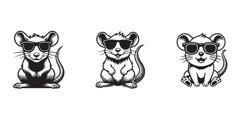 Fototapeta premium Cute Rat sitting wearing sunglass illustration vector, Set of Joyful Rat Clipart Art