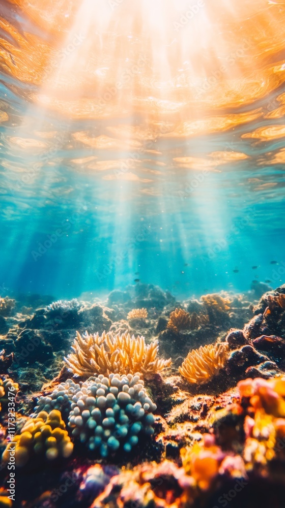 Poster sunlight filtering through rippling water surface illuminating vibrant coral reef ecosystem teeming 