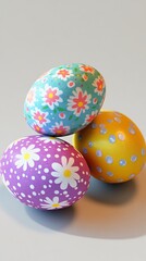 Obraz premium Three colorful, decorated Easter eggs with floral and polka dot patterns.