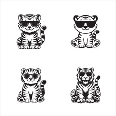 Obraz premium Cute Tiger sitting wearing sunglass illustration vector, Collection of Joyful Tiger Clipart Art 