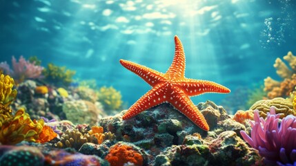 Sunlight filters through the crystal clear ocean water, illuminating a bright orange starfish perched on a colorful coral reef, creating a serene underwater scene teeming with life and vibrant hues