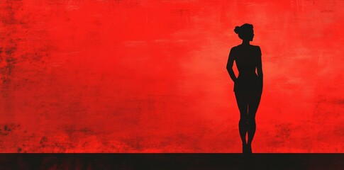 Red Background Silhouette Woman Standing Alone
