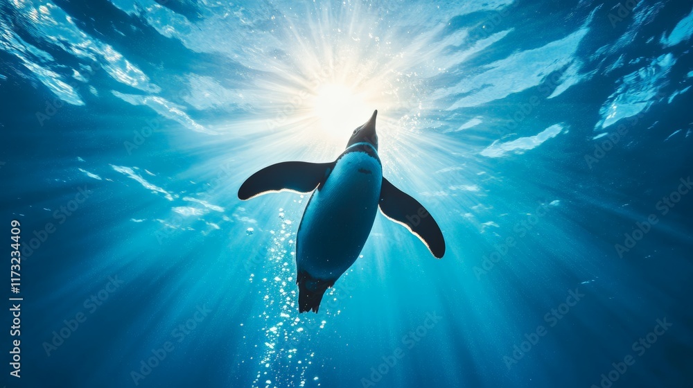 Aufkleber underwater view of a penguin gracefully swimming towards the sun, with beams of light penetrating th