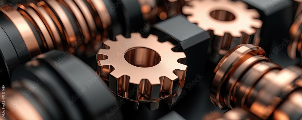 Poster metallic abstract background idea. close-up of intricate copper gears and machinery components for i
