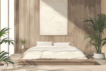 Cozy minimalist bedroom with plants