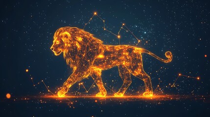With a starry constellation overlay and a majestic lion glowing in a blend of fiery orange and golden tones, this neon Leo zodiac sign is set against a cosmic deep blue backdrop.