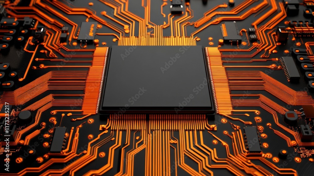 Poster circuit board detail: a close-up view of a complex and intricate circuit board with a central proces