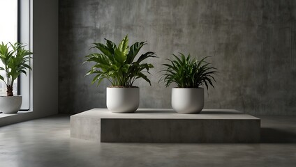 interior design of room with plant on a white vase on top of a concrete podium with concrete wall