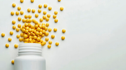 White bottle spills vibrant yellow pills in a clean, minimalist setting, showcasing a modern rustic aesthetic