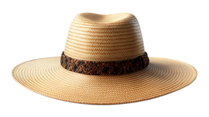 Summer Straw Hat with Band: A stylish beige straw hat with a dark brown woven band, perfect for sunny days.  The hat is shown from a slightly elevated angle, highlighting its shape and texture.