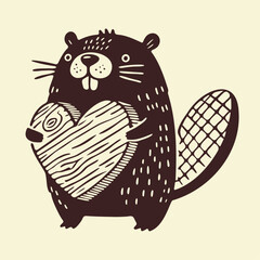 beaver with a wooden heart, cute valentines day character illustration © Satoru Sketches
