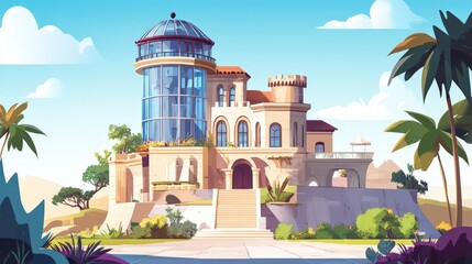 Obraz premium Luxurious Coastal Castle with Glass Tower and Palm Trees