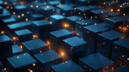 Fototapeta premium Glowing data cubes, digital network, abstract background, technology concept.