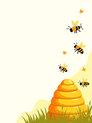 Banner Illustration yellow beehive with bees on the right on the white background, minimalistic, copy space for text. Bee day,