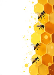 Banner Illustration yellow beehive with bees on the right on the white background, minimalistic, copy space for text. Bee day,