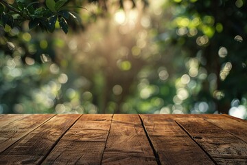 Rustic wooden table against a bokeh background of lush green foliage. Perfect for product displays or nature-themed designs.