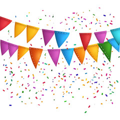 Colorful flags and confetti on white background