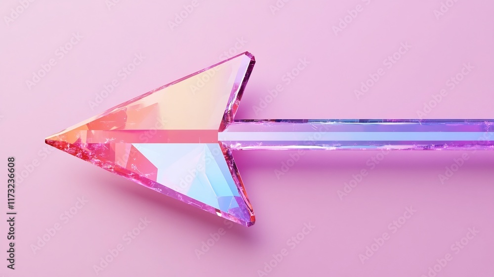 Poster sparkling crystal-textured 3d arrow shape with vibrant gradient on light pink background