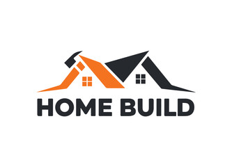 Modern "Home Build" logo with roof, hammer, bold typography, and tagline. Represents construction, craftsmanship, innovation, and professional home improvement branding