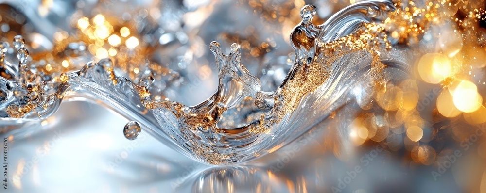 Poster splash abstract background concept. a stunning close-up of water splashing with golden reflections a