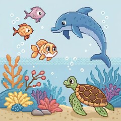 Obraz premium Cross stitch pattern featuring a crab, fish, and various sea life animals in vibrant colors.