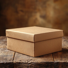 Cardboard box on rustic wood table, blurred background