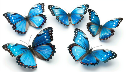 five blue butterflies isolated on white background. banner, design 