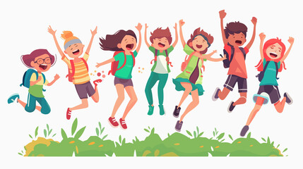 Joyful Kids Group Jumping, Excited Children Walking Together