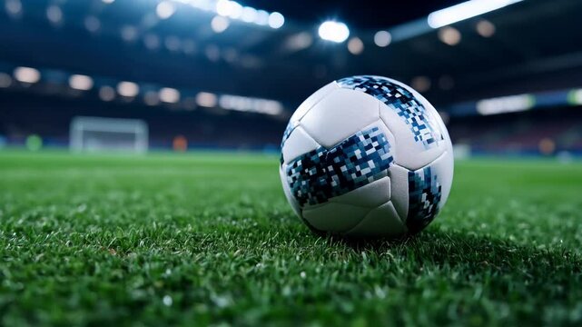 A rotating camera showcases a close-up of a soccer ball resting on the vibrant green turf in a stadium. The atmosphere is electric as players prepare for the next play and spectators cheer.