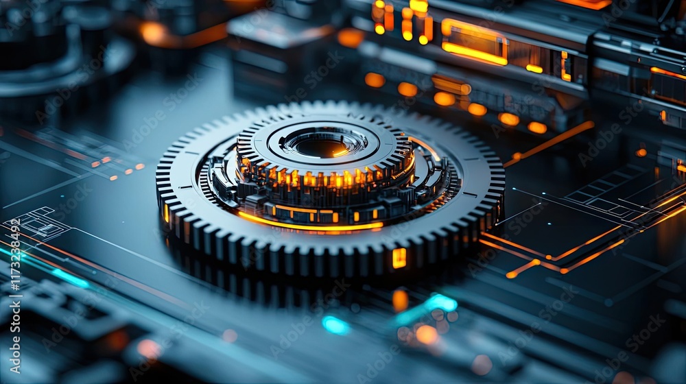 Poster metallic abstract background idea. futuristic technology gear with glowing elements and intricate ci