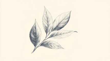 A delicate hand-drawn tea leaf design in a monochromatic palette, with fine lines and soft gradients, creating a minimalist and sophisticated effect