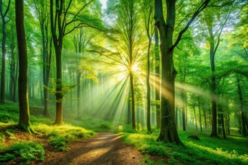 Obraz premium Misty morning, sunlight filters through lush green forest, serene nature's peace.