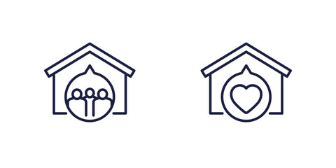 shelter icons with house and people, line vector