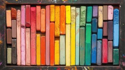 Fototapeta premium Colorful Pastel Crayons in Wooden Box