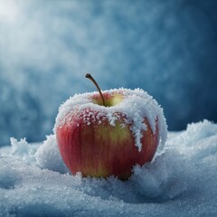 A snow-covered apple on a frosty blue background (winter theme).