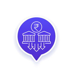 bank deposits drain and cash withdrawals icon with rupee, line vector