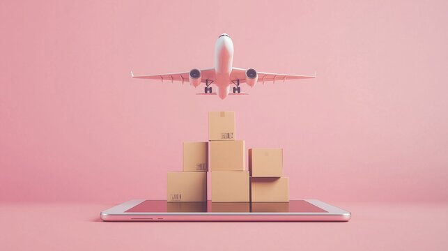 A small white airplane model on top of cardboard boxes placed inside an tablet, pink background.