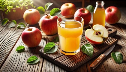 A glass of fresh apple juice with a slice of apple on the rim