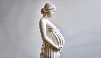 Naklejka premium Elegant sculpture of a serene pregnant woman in flowing draped attire symbolizing motherhood, nurturing love, and maternal strength