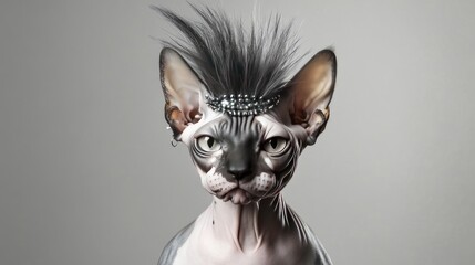 Sphynx cat with a punk-style mohawk and piercings, showcasing feline elegance with a rebellious attitude