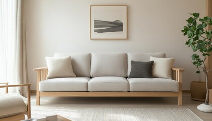 Modern Light Beige Sofa Wooden Frame Minimalist Living Room Decor