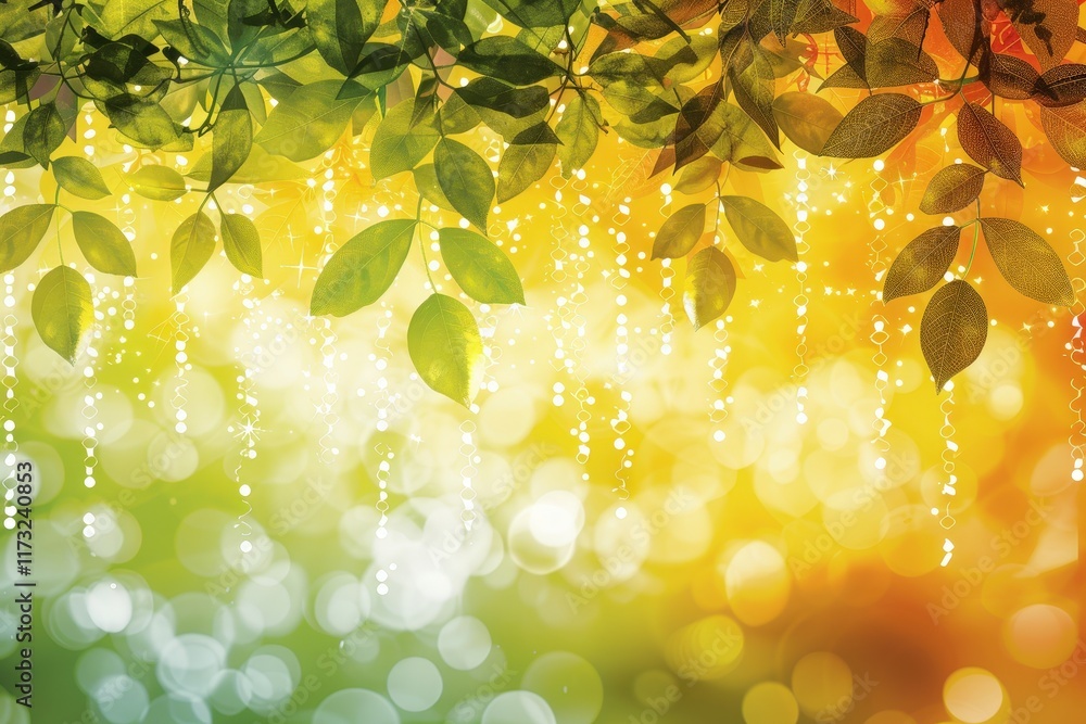 Poster vibrant nature scene with leaves and bokeh background forest setting digital artwork colorful atmosp