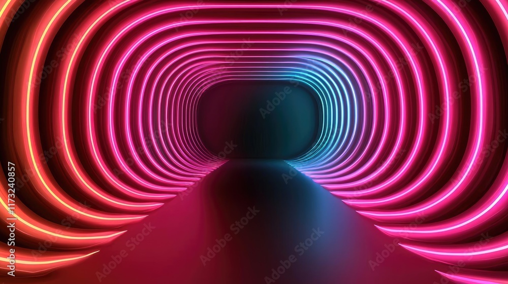 Poster waves abstract background concept. a futuristic tunnel illuminated by vibrant neon lights creating a