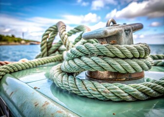 Fototapeta premium Rough-hewn fishing boat rope cleat, a weathered symbol of seafaring life, captured in nautical portrait photography.